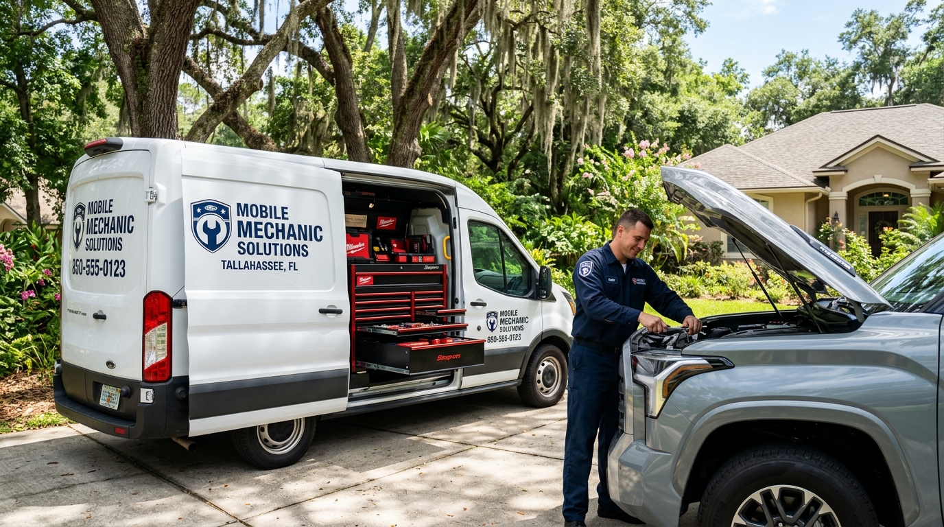 Mobile Mechanic Tallahassee on-site service van with master technician repairing truck in Florida driveway